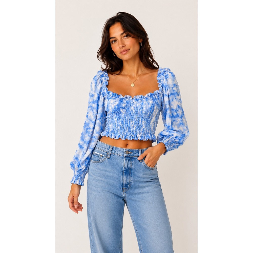 Faithfull The Brand Blue Smocked Crop Top Puff Sleeve Cottagecore Boho Size M